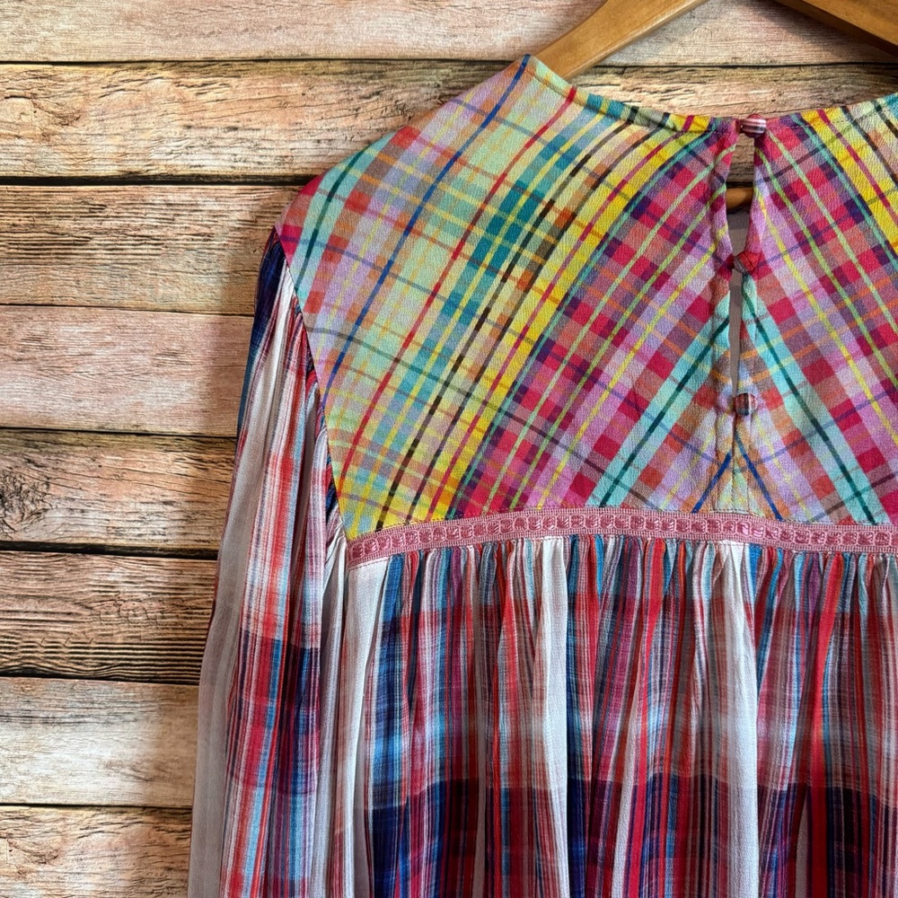 Blank London Women's Miranda Flowy Peasant Top in Rainbow Plaid Size Small - Picture 7 of 9